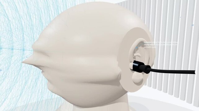 3D animation explaining the human hearing system, showing sound waves interacting with the pinna, ear canal, and internal structures to decode binaural cues for spatial localization