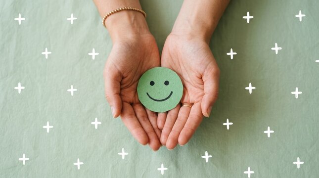 Hands holding a green circular paper with a smiling face on a light green background with plus signs