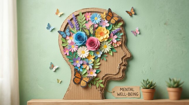 Mental well-being concept shows cardboard cutout of head with colorful flowers butterflies