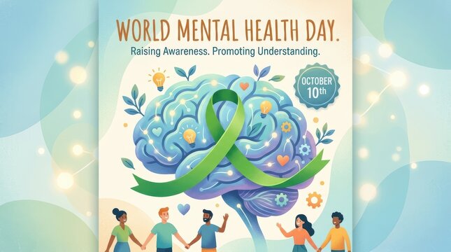 World mental health day banner with green ribbon brain people for awareness and understanding