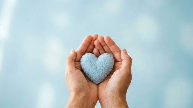 Hands holding light blue felt heart expressing care love and comfort for emotional support