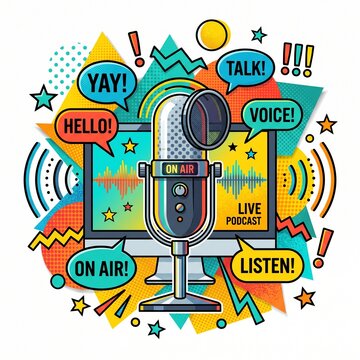 Vibrant retro microphone graphic with live broadcast and communication buzzwords
