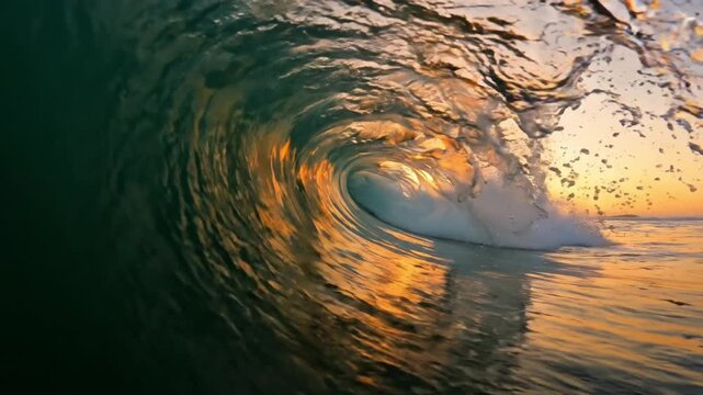 Ocean Shorebreak Wave Curling into Barrel at Sunset