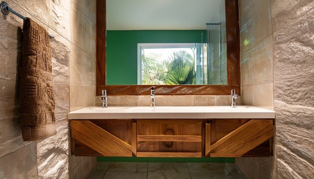 imagen tipo fotografica bien iluminada y realista de mueble de vidrio en una casa con pared de chukum y arquitectura yucateca en primer plano en bano