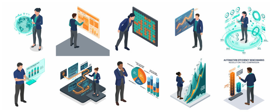 Isometric Business Data Analysis and Technology Analytics Infographic Elements Set