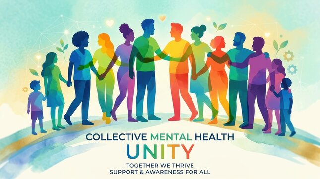 Collective mental health unity togetherness thrive support awareness for all with colorful diverse people holding hands