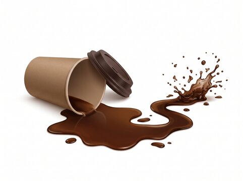 Accidental Hot Coffee Spill from a Toppled Disposable Takeaway Cup, Creating a Dynamic Brown Liquid Splash and Mess on an Isolated White Background
