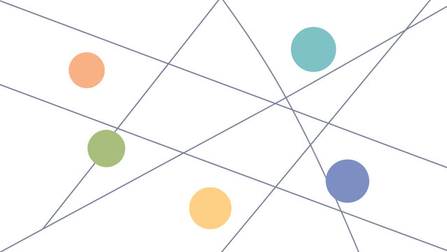 Abstract geometric background with intersecting lines and colorful circles in pastel tones for modern minimalist design