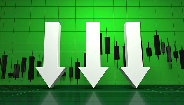 Stock market crash concept with three white down arrows and candlestick chart on green background