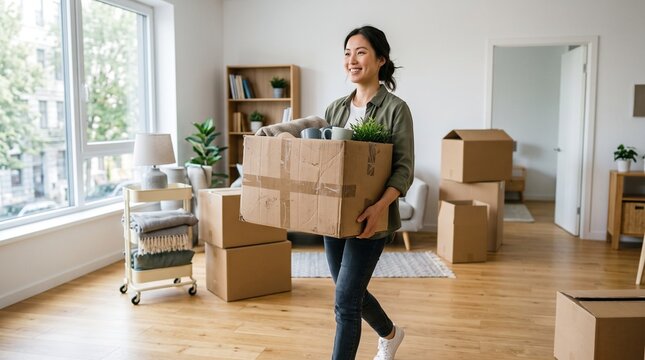 Happy young Asian woman carrying cardboard box while moving into new apartment