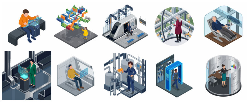 Isometric Futuristic Transport and Smart City Technology Illustrations Set