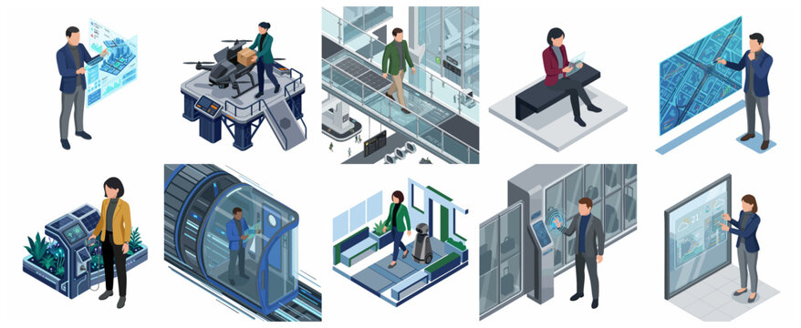 Isometric Set of Futuristic Smart City Technology, AI Robots, Autonomous Transport, and Digital Holographic Interfaces