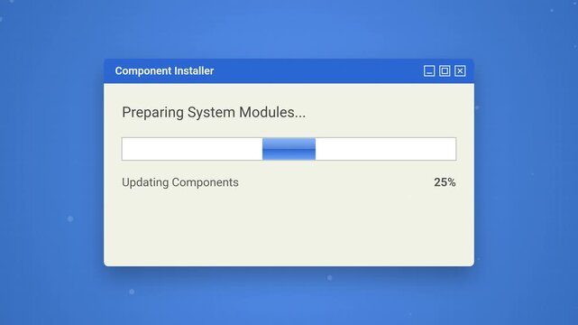 animated retro software component installer dashboard with loading progress bar on blue background