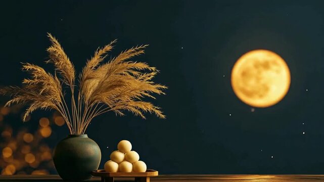 中秋の名月とススキ、お月見団子の背景素材 