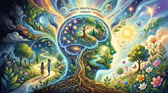 Abstract human head silhouette with flourishing flora and internal tree for mental health awareness