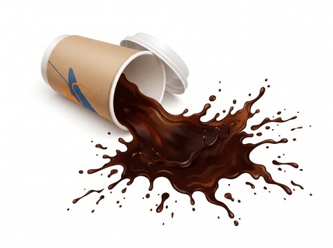 Spilled dark coffee or hot chocolate splashing out of a brown disposable paper cup onto a white surface with liquid droplets and spray