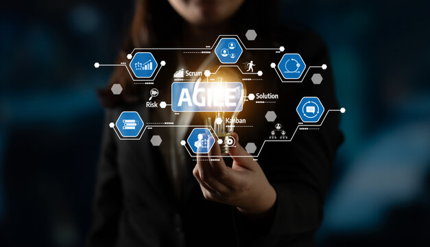 A business professional demonstrates agile methodology using illuminating icons representing concepts like Scrum and Kanban, set in a modern and innovative workspace. Tessel