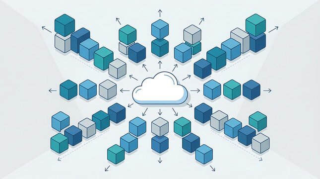 Abstract illustration of cloud computing and blockchain network technology.