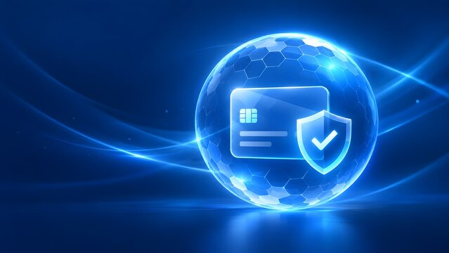 Secure credit card protected by a glowing hexagonal shield bubble symbolizing financial security and data protection in a digital abstract blue background with light streaks.