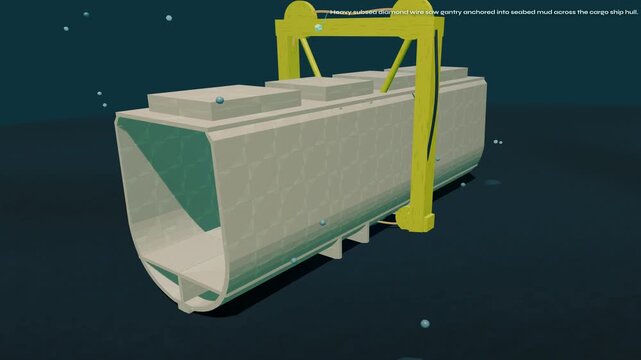 3D animation of a heavy subsea diamond wire saw gantry cutting through a sunken cargo ship hull during an underwater shipwreck salvage operation showing wireframe views