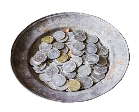 Retro metal tray with ancient Greek coins - drachmas, isolated