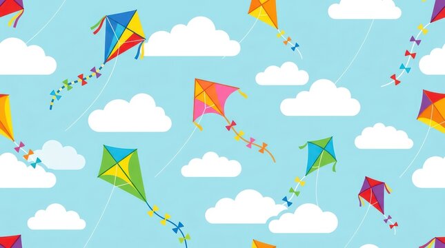 Colorful kites flying in blue sky with white clouds seamless background