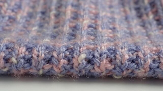 Close-up of knitted fabric with colorful blue, pink, and white wool yarn in textured pattern