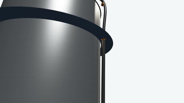3D animation of a continuous spray drying synthesis process demonstrating a high pressure rotary atomizer, thermal flash evaporation, and conical hopper collection for dairy powder production