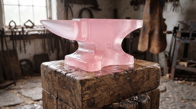 A heavy blacksmith anvil forged entirely from solid clear pink gelatin representing the weak fragile foundation of industrial manufacturing.