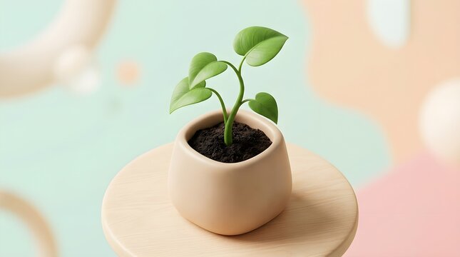 Small green plant sprout growing in a ceramic pot on a wooden table with pastel background, 3D rendering style