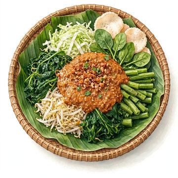 Traditional pecel sayur Indonesian vegetable salad with peanut sauce on bamboo tray