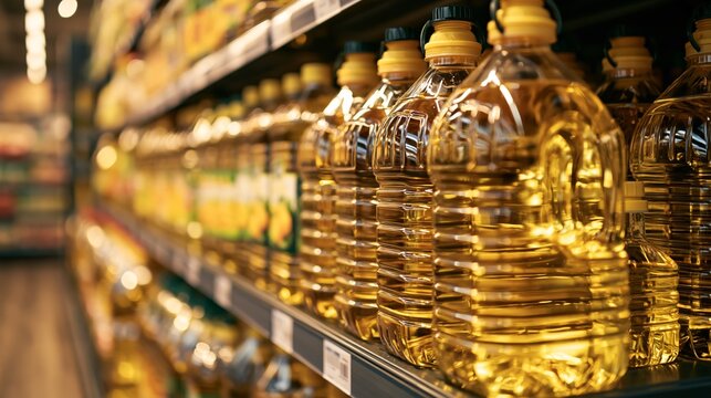 Rows of cooking oil bottles fill supermarket shelves for shoppers seeking cooking ingredients Generative AI