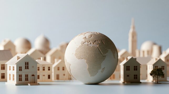 Small globe with mini houses representing global communities in clean studio space Generative AI