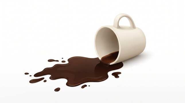 Spilled Hot Coffee From A Toppled Ceramic Cup Creating A Large Dark Brown Liquid Stain On A Clean White Surface Background