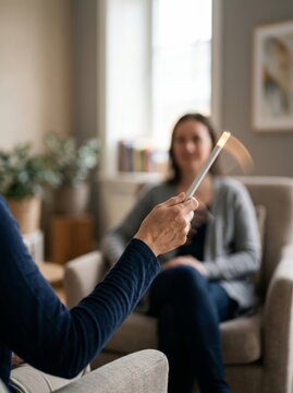 Therapist holding glowing pendulum in front of client on armchair. Hand with light wand in hypnotherapy session. Hypnosis, relaxation and alternative therapy concept.