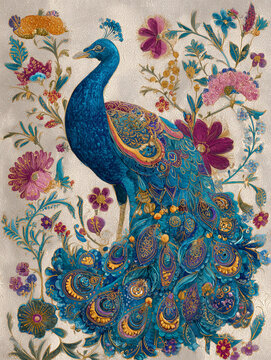 Vintage Indian-inspired decorative artwork featuring a highly stylised hand-painted peacock with an antique aesthetic, ideal for wall d&eacute;cor, textiles, stationery, packaging, cultural, editorial and lu