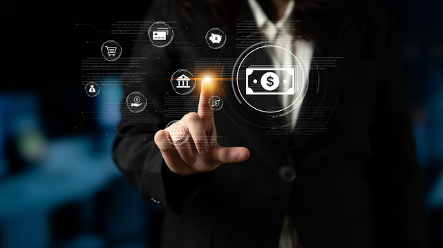 A fintech concept showing a network of digital banking services. This includes secure online payments, global transactions, and e-commerce for the modern financial system. Fermion