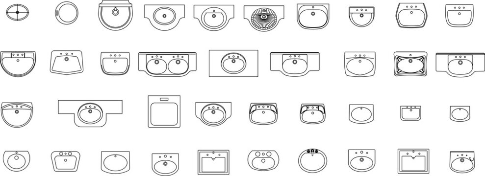 Technical CAD symbols set of bathroom sinks and vanities, including wall-mounted, pedestal, and countertop washbasins with mirrors and cabinets in plan and elevation views.