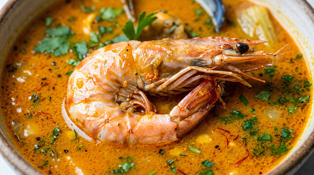 Delicious homemade creamy seafood bisque with fresh prawns and herbs in a bowl.