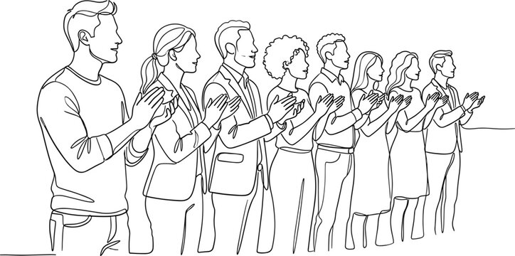 A line art illustration of a group of diverse people standing together and clapping their hands.
