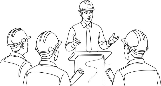 Construction engineers in a meeting with a presenter at a podium discussing blueprints.