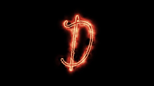 Glowing neon letter d with fiery plasma energy effect on black background, alphabet fire