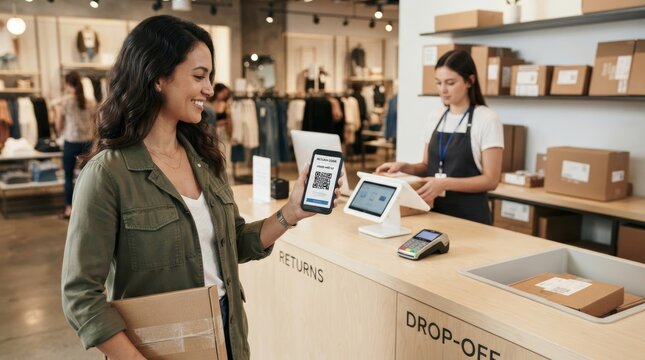 Woman showing QR code on smartphone at retail store returns counter while holding parcel box. Shop assistant processing package drop-off behind checkout. Online shopping refund and exchange.
