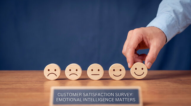 Hand placing a wooden block with a happy smiley face icon in a row of five feedback rating symbols on a wooden desk against a blue background