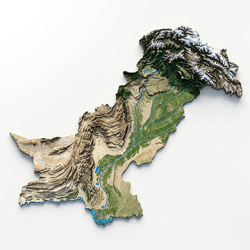 Topographic 3d relief map of pakistan showing mountains valleys and plains isolated on white background