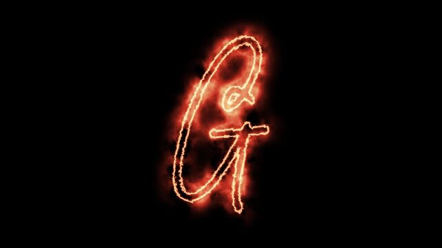 Glowing letter g animation with fiery plasma effect on black background, alphabet typography fire flames