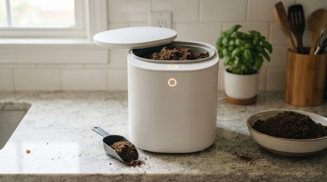 White electric kitchen composter open on marble countertop filled with food scraps. Scoop and bowl of compost beside basil plant. Food waste recycling and smart home appliance.