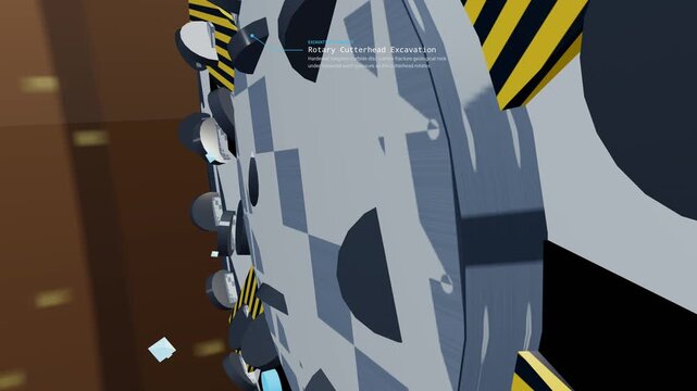 3D animation of a tunnel boring machine illustrating rotary cutterhead excavation, hydraulic thrust propulsion, and the installation of watertight segmental arches for underground tunnels