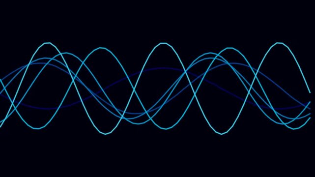 Blue digital sine waves oscillating on a black background