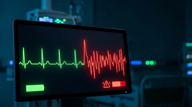 Abnormal heartbeat reading on hospital monitor in dark intensive care room. Green ECG waveform turning into erratic red line with warning alert. Cardiac arrest and arrhythmia concept.